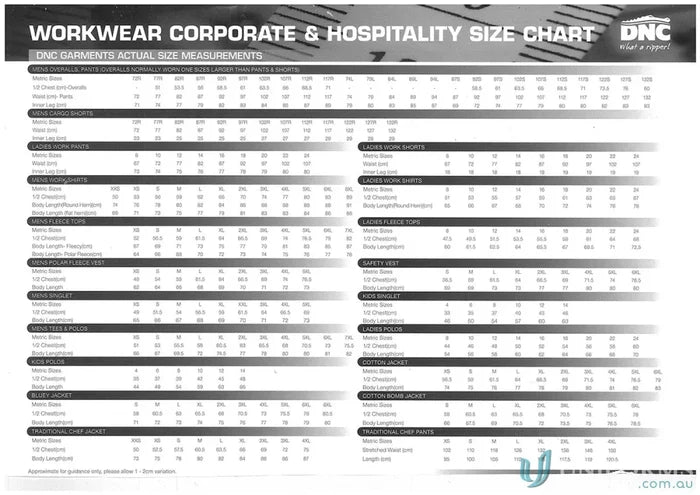 Size chart for DNC Permanent Press Cargo Pants and workwear cargo pants