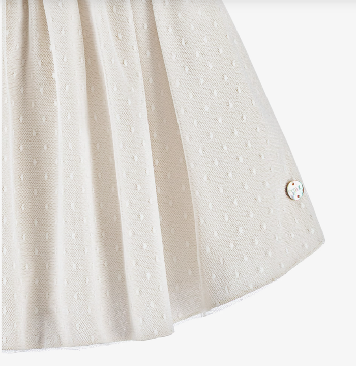 PAZ RODRIGUEZ Baby Girls Beige Cotton & White Tulle Dress with Lace Collar