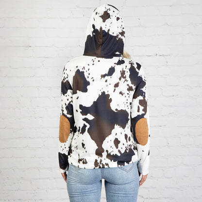 10618 - Cow Print Hoodie - Read Description- with Elbow Patches and Pockets