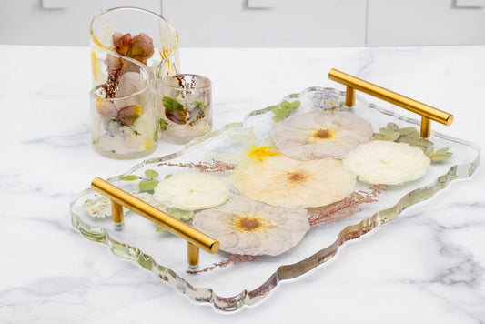 14x9 pressed flower geode tray with gold handles, full view
