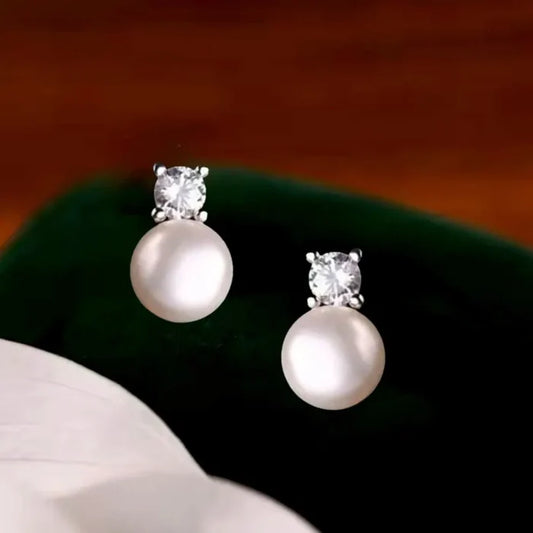Delicate Natural Pearl & CZ Bridal Earrings in Sterling Silver