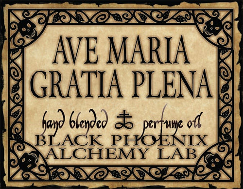 Decorative label with 'Ave Maria Gratia Plena' text and Black Phoenix Alchemy Lab branding.