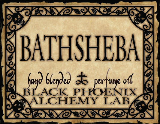 Label for Bathsheba hand blended perfume oil by Black Phoenix Alchemy Lab with decorative border.