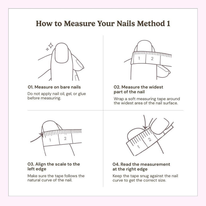 A step-by-step illustrated guide for measuring your nails with a ruler, ideal for finding the perfect fit before ordering EyeCandys Birthday Cake Press-On Nails. Learn to align the ruler and measure the widest part for accurate sizing.