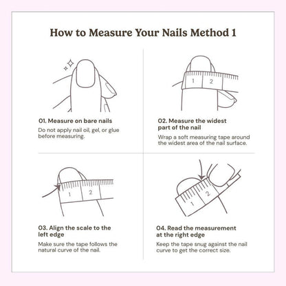A step-by-step illustrated guide for measuring your nails with a ruler, ideal for finding the perfect fit before ordering EyeCandys Birthday Cake Press-On Nails. Learn to align the ruler and measure the widest part for accurate sizing.