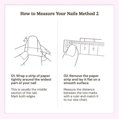 Instructional graphic on measuring nails for EyeCandys Birthday Cake Press-On Nails: Step 1—wrap a paper strip around the widest part of your nail and mark both ends. Step 2—measure the marked distance with a ruler for best fit.