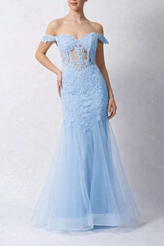 Mascara London's Blue Fishtail Gown MC115110 features a sheer corset bodice with embroidered lace and off-shoulder sleeves, ideal for proms or weddings.