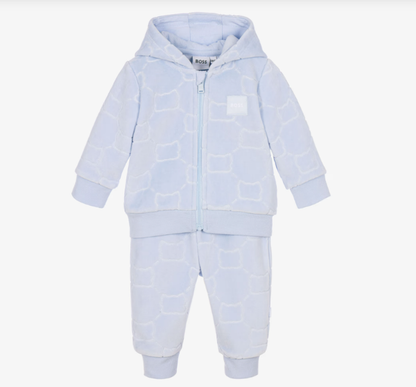 BOSS Baby Boys Blue Velour Tracksuit with Embossed Pattern