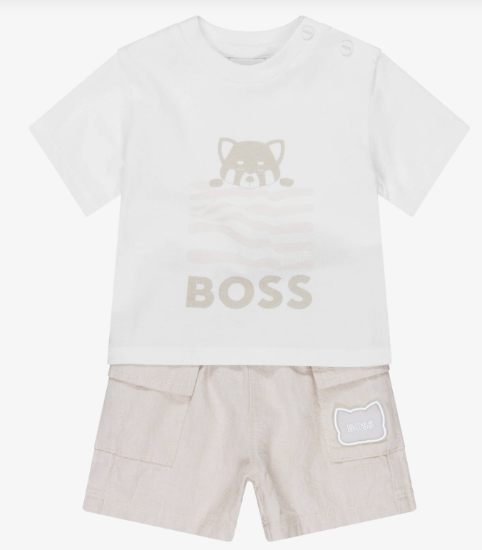 BOSS Baby Boys White & Beige Cotton & Linen Shorts Set