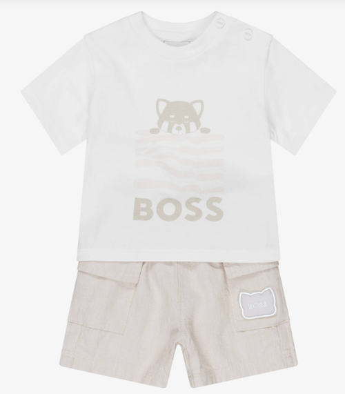 BOSS Baby Boys White & Beige Cotton & Linen Shorts Set