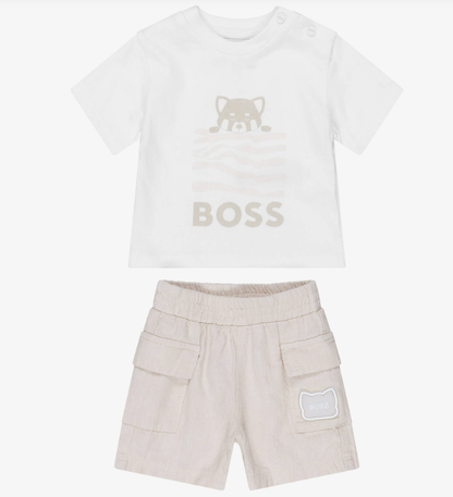 BOSS Baby Boys White & Beige Cotton & Linen Shorts Set