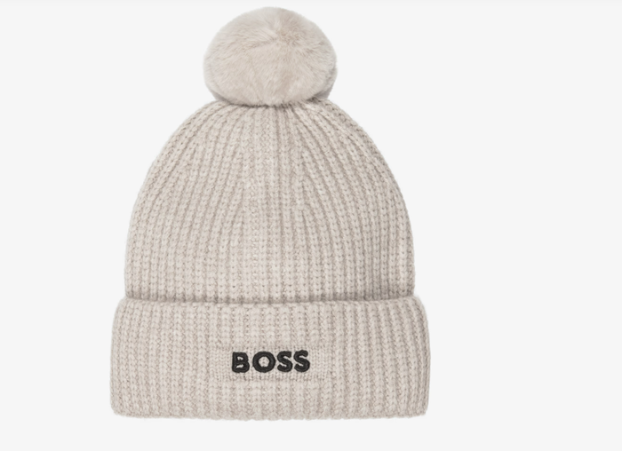 BOSS Boys Beige Knitted Bobble Hat