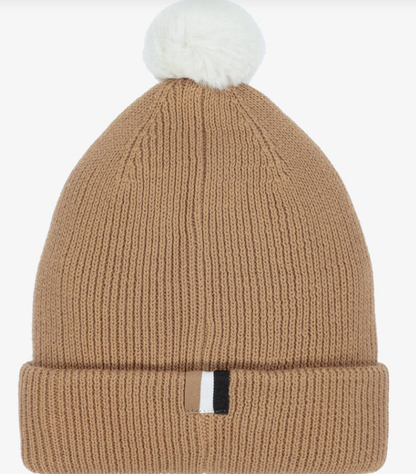 BOSS Boys Beige Knitted Cotton Pom-Pom Hat