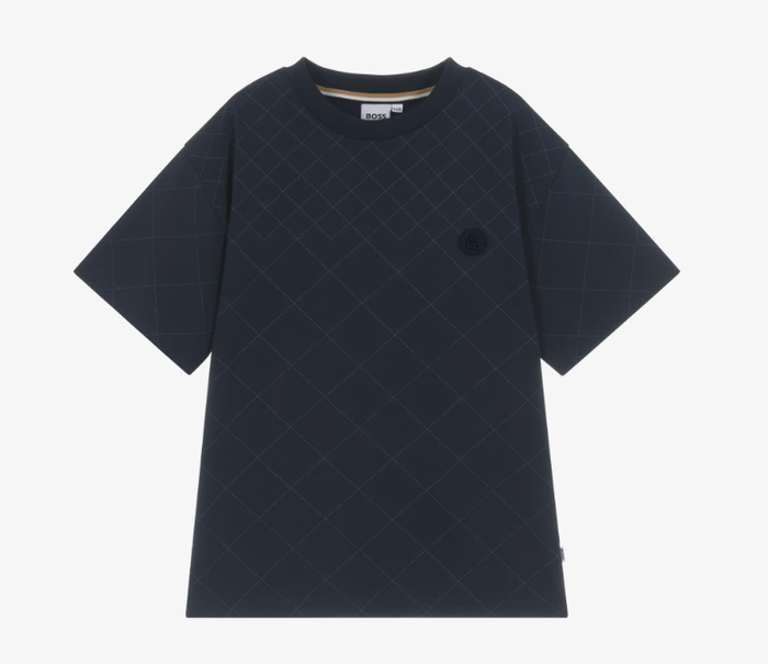 BOSS Boys Navy Blue Cotton T-Shirt with Diamond Pattern