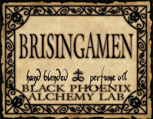 Label for 'Brisingamen' hand blended perfume oil by Black Phoenix Alchemy Lab with decorative border.