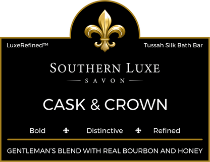 Cask & Crown 8.5 oz luxury men's bath bar label by Southern Luxe Savon with bourbon-inspired fragrance