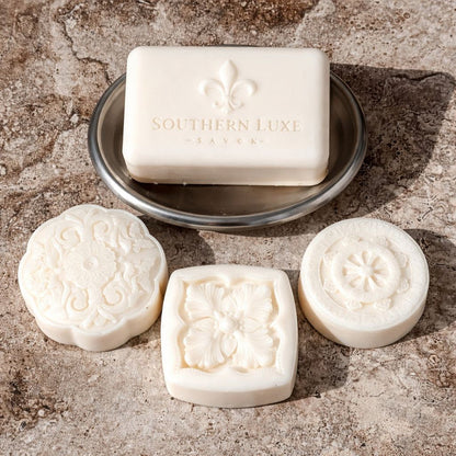 Dapper from the Barber collection with luxury bath bar and guest soaps by Southern Luxe Savon with fresh, classic fragrance