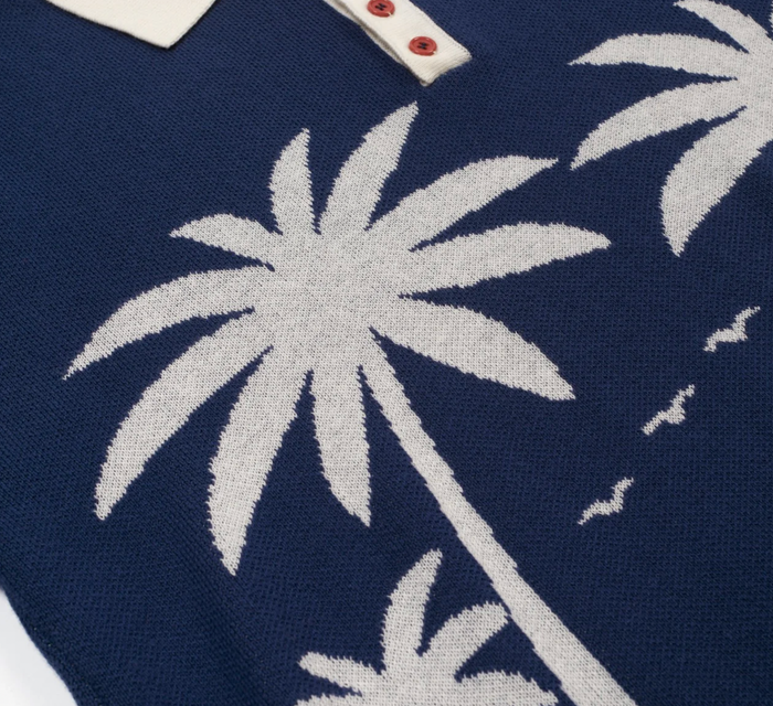 Dark Blue Vintage Coconut Tree Jacquard Polo Knit Shirt