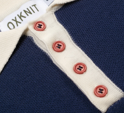 Dark Blue Vintage Coconut Tree Jacquard Polo Knit Shirt
