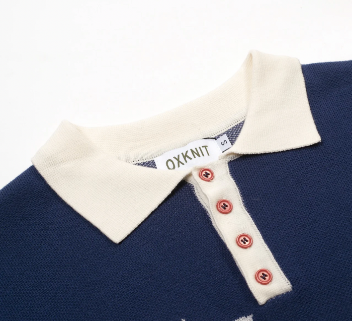 Dark Blue Vintage Coconut Tree Jacquard Polo Knit Shirt