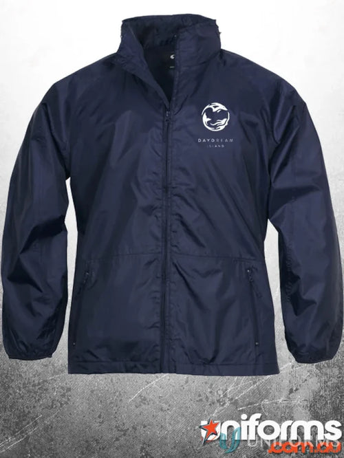 Navy blue DayDream EMB-W Splash Jacket with zippered pockets for workwear or uniforms