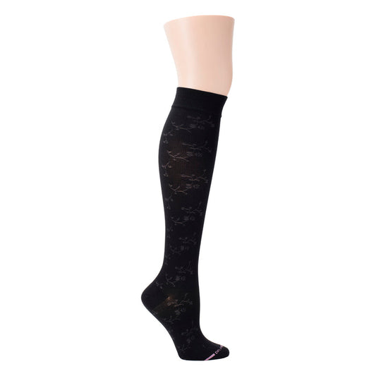 Knee-high black compression socks with a floral texture pattern.