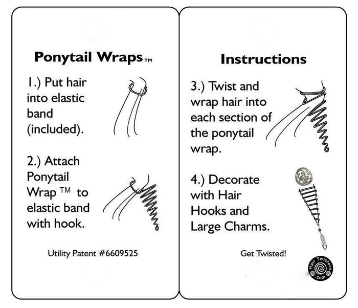 Step-by-step instruction card for installing a Medieval Metal spiral ponytail wrap with elastic band and hook attachment