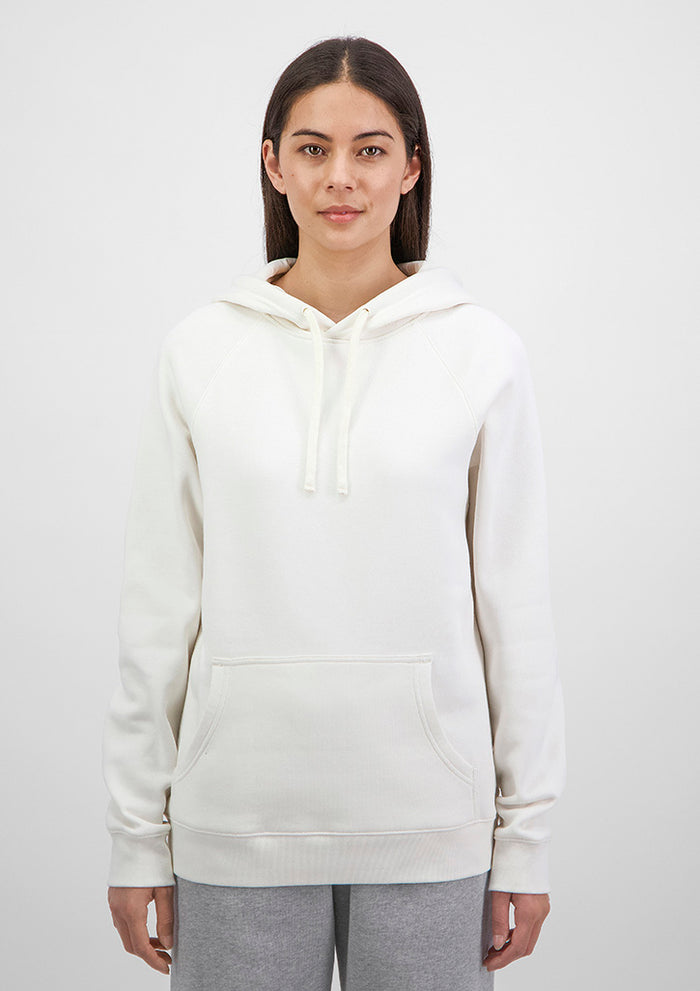 Person wearing a white hoodie and gray pants on a white background