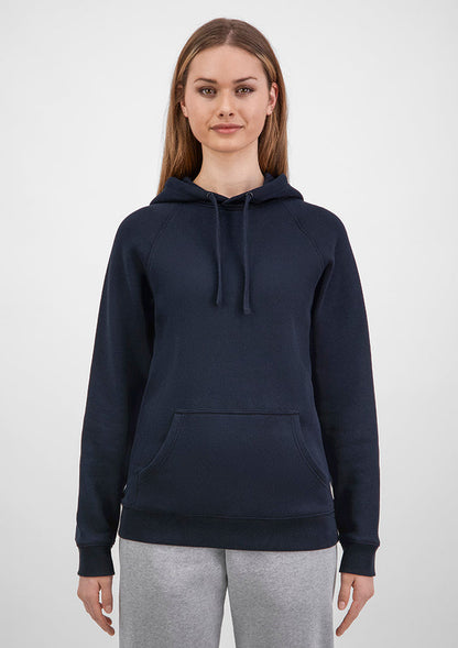 Woman wearing a navy blue hoodie on a white background