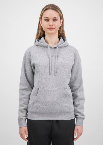 Person wearing a gray hoodie on a white background