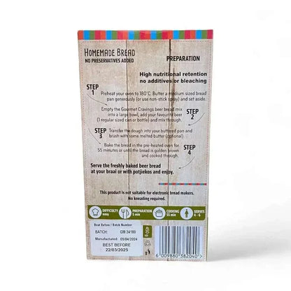 Gourmet Pre-Mix Beer Bread Rosemary & Olive flavor 450g packaging with Mediterranean herbs and olives displayed