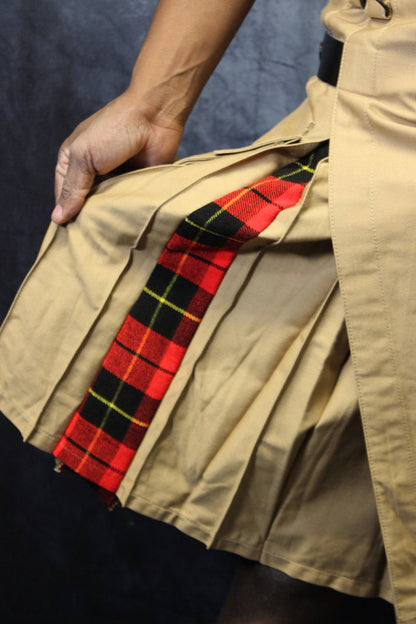 Hybrid Kilt Khaki with Wallace Tartan Pleats Red Plaid