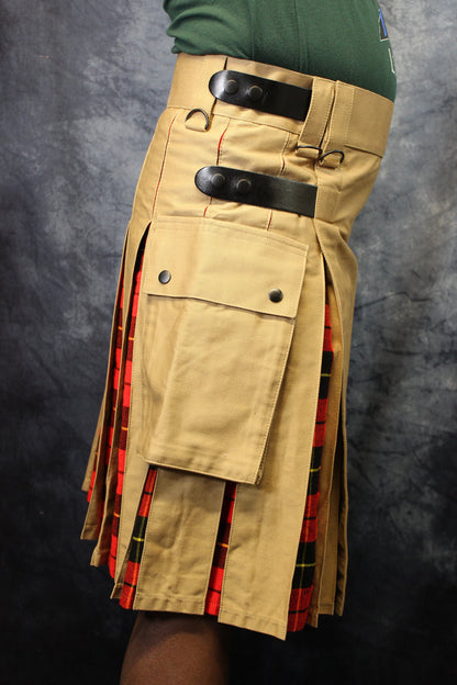 Hybrid Kilt Khaki with Wallace Tartan Pleats Red Plaid