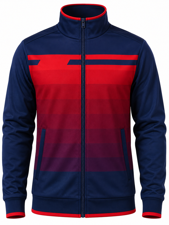 Navy and red jacket with a prominent brand logo on a white background