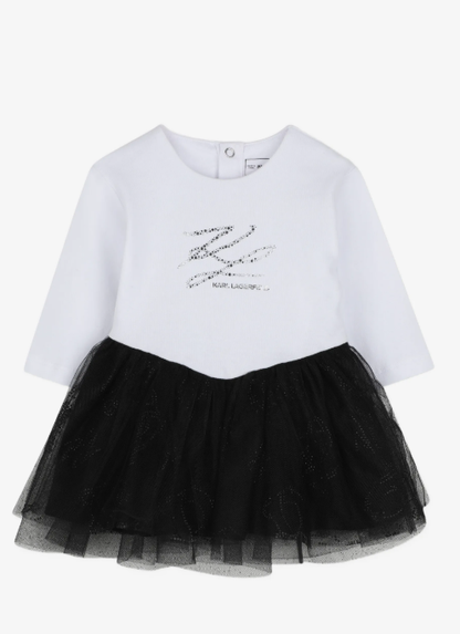 KARL LADGERFELD tulle-skirt logo-print long-sleeve cotton dress