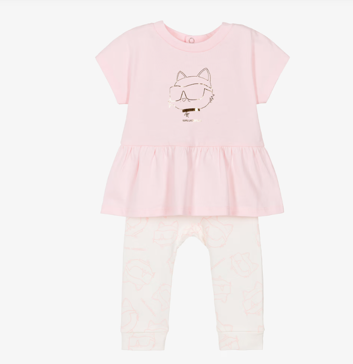 KARL LAGERFELD Baby Girls Pink Cotton Top & Leggings Set with Choupette Logo