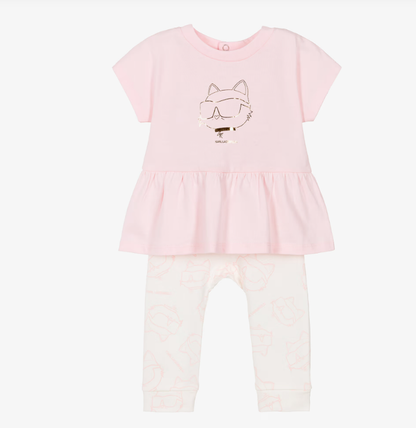 KARL LAGERFELD Baby Girls Pink Cotton Top & Leggings Set with Choupette Logo