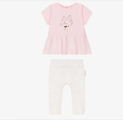 KARL LAGERFELD Baby Girls Pink Cotton Top & Leggings Set with Choupette Logo