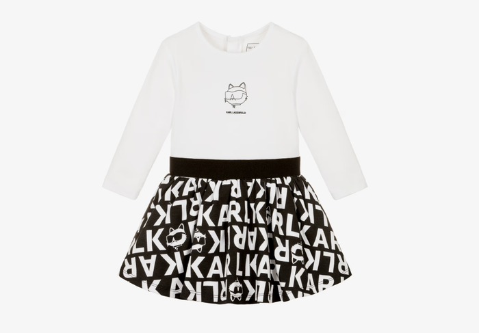 KARL LAGERFELD Girls Black & White Cotton Dress with Logo Print