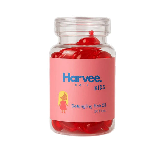 Jar of Harvee Kids detangling hair oil capsules on a white background
