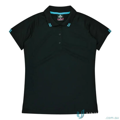 Ladies Flinders Polo black workwear with turquoise accents perfect for uniforms