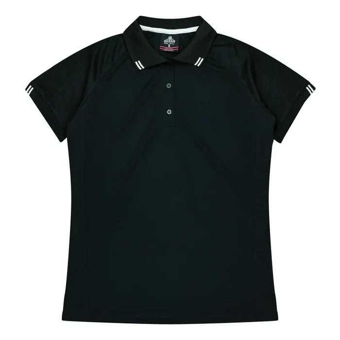 Ladies Flinders Polo: black womens shirt with white trim texture