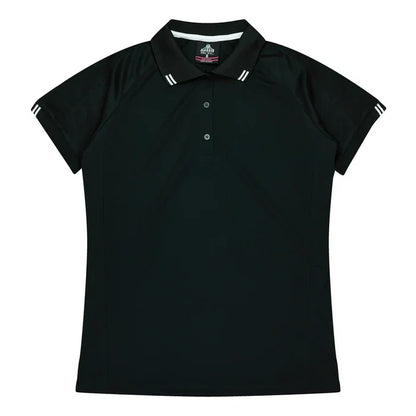 Ladies Flinders Polo: black womens shirt with white trim texture
