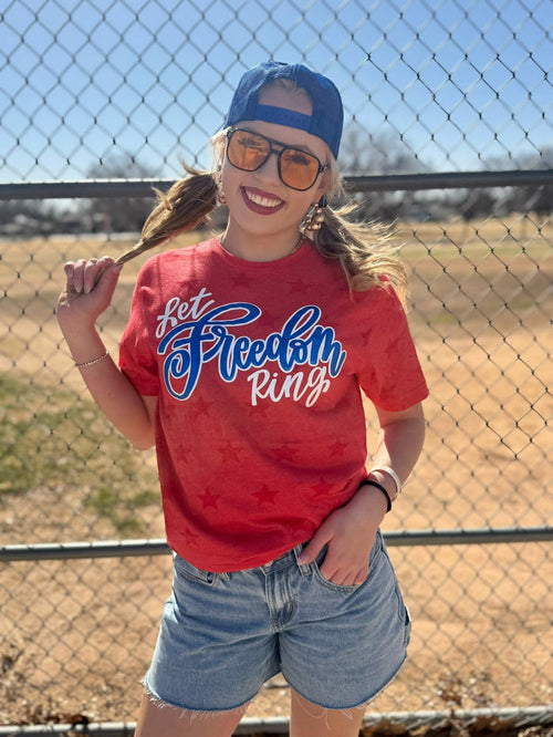 Let Freedom Ring with Blue Metallic Puff Tee & Tank