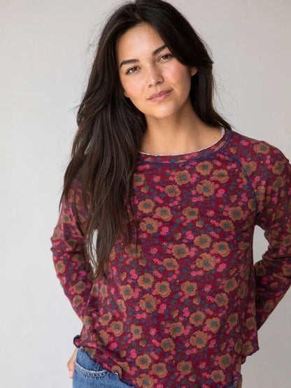 Lily Knit Cotton Long Sleeve Tee Shirt - Cranberry Brown Floral-view 4