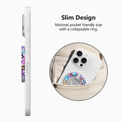 Love Out Loud colorful graffiti heart pattern MagSafe phone grip ring with overlapping neon pink purple and turquoise hearts compatible with iPhone and Samsung