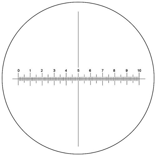 Microscope Eyepiece Reticle Cross Line Micrometer Ruler, X-Axis Crosshair Scale Dia. 16mm, 10mm/100 Div., SKU RT20103201, three quarter front view