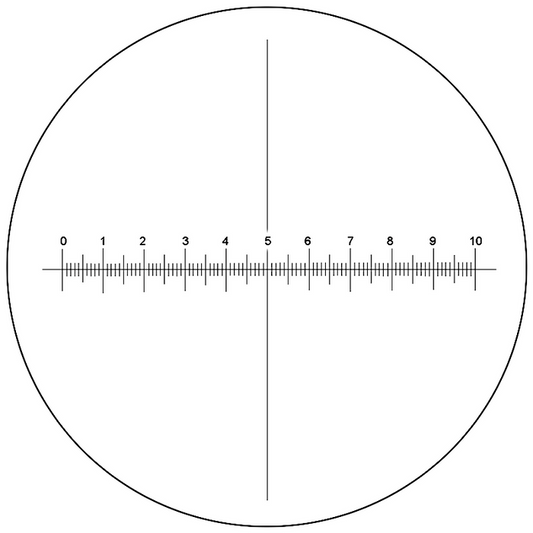 Microscope Eyepiece Reticle Cross Line Micrometer Ruler, X-Axis Crosshair Scale Dia. 16mm, 10mm/100 Div., SKU RT20103201, three quarter front view