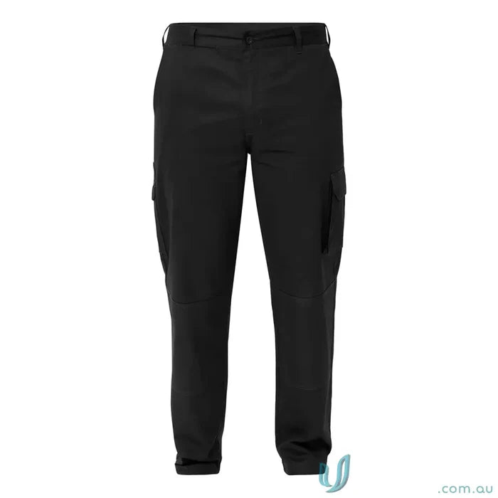 Black cotton drill trousers with side pockets, belt loops, and reinforced stress points