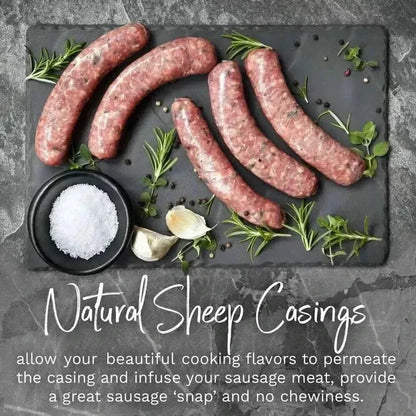 Sausages made with natural sheep casings showing traditional texture and shape